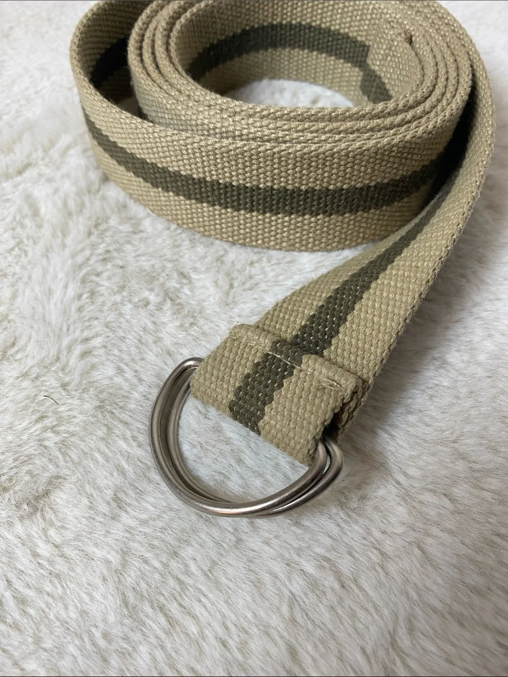 Men's Canvas D-Ring Belt in Khaki with Olive Stripe